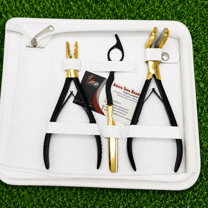Kit d'outils professionnels pour extensions de cheveux en acier inoxydable de haute qualité, noir et or, avec pinces micro-anneaux, pinces à boucles, ciseaux et pinces à bandes. - Product Image 6