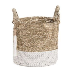 Handwoven Natural Seagrass Storage <b>Basket</b> with White <b>Rope</b> Base, Decorative Boho Organizer Bin for Laundry, Toys, and Home Decor - Product Image 1
