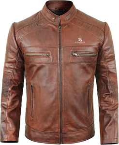 Blouson en cuir pour homme, style motard vintage, en cuir véritable, coupe ajustée, pour l'hiver, tenue décontractée 2026 - Product Image 3