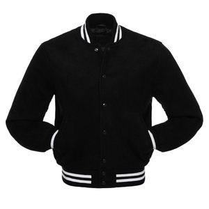 Latest Design Men's Wool Bomber <b>Jacket</b> Black Varsity <b>Jacket</b> With Leather Trim - Product Image 2