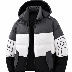 Men's Winter Color Block Hooded Puffer Jacket With Zip Closure And Pocket Design Sporty Style Windproof Thick Polyester Filling - Product Image 1