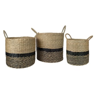Cestas cilíndricas de mimbre tejidas en negro y beige, hechas a mano, para almacenamiento, venta al por mayor, ecológicas, hechas en Vietnam - Product Image 1