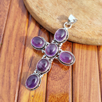 Joyería al por mayor Vintage, Colgante de cruz con amatista natural, engaste de bisel chapado en plata antigua, base de latón, chapado personalizado
