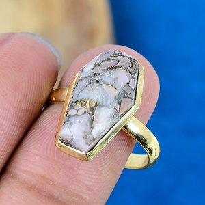 Natural Pink <b>Opal</b> Copper Coffin Shape Gemstone <b>Ring</b> 18k Gold Finish Over 925 Sterling Silver - Product Image 3