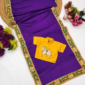 Sari elegante listo para usar con estampado Kalamkari en tela Chinnon y blusa de seda Dola completamente cosida para niños, fabricado por Royal Export. - Product Image 5