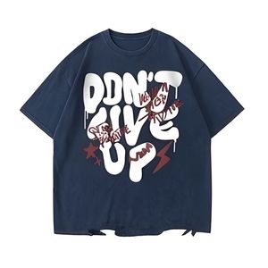 Heavyweight Navy Blue <b>Acid</b> Wash T Shirt Oversized Breathable Cotton <b>Drop</b> Shoulder Retro Graphic Print Men's Hip Hop Style Shirts - Product Image 1
