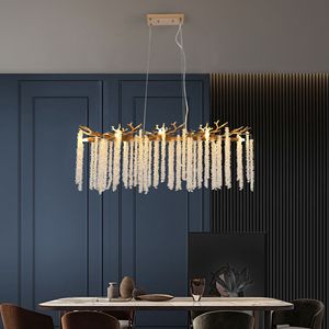Lampadario a Sospensione Moderno Dorato da 39 Pollici con Fili di Cristallo a Cascata, Illuminazione di Alta Gamma per Soggiorno e Sala da Pranzo - Product Image 4