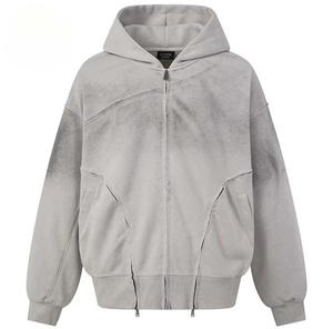 Sweat-shirt unisexe noir à capuche zippé, coupe classique, couleur unie, en molleton bouclette tricoté, manches longues, anti-plis, manches raglan - Product Image 5