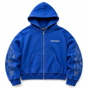Sudadera con capucha azul real para hombre con cremallera, gráfico de estrella de fuego personalizado, mangas bordadas, estilo oversize, ropa urbana, venta al por mayor, fabricante - Product Image 1