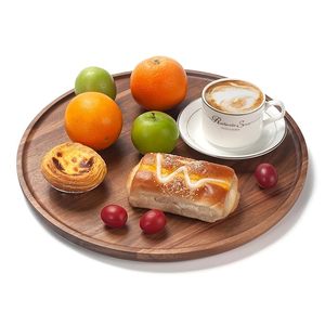 Ensemble de plateaux de service ronds en bois, design minimaliste verni, empilables, pour la présentation des aliments sur table - Product Image 3