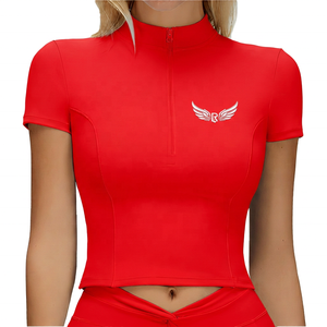 Haut court zippé bleu clair pour femme, manches courtes, logo ailes brodé, en Spandex et Polyester, idéal pour le yoga - Product Image 5