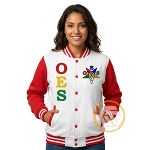 Chaqueta Varsity Acolchada GREEK TREASURES OES Blanca y Roja de Manga Larga con Logotipo Bordado en la Parte Delantera y Cuello Alto para Mujer en Satén de Seda - Product Image 1