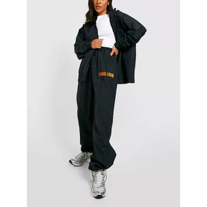 Winter Women's <b>Black</b> Nylon <b>Windbreaker</b> Jogger Zip Jacket Sweat suit Set 2 Pcs Gym Wear Embroidered Logo High Street Tracksuits - Product Image 4