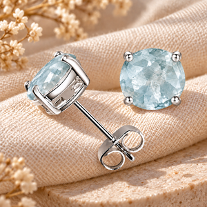 Pendientes redondos de cuarzo aguamarina – Engaste de piedras preciosas de 6 mm – Pendientes hechos a mano chapados en plata, regalo para ella - Product Image 3
