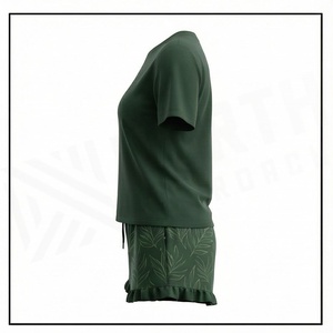 Ensemble de shorts en tricot pour femmes, 2 pièces, imprimé floral vert, t-shirt à col rond à manches courtes avec volants au-dessus du genou, tenue décontractée - Product Image 3