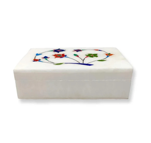 Boîte à bijoux en marbre avec couvercle en marbre blanc naturel et motif floral pour la décoration de salon de style royal - Product Image 1