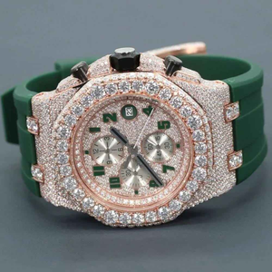 Luxury Moissanite Iced Out Chronograph <b>Watch</b> Rose Gold <b>Case</b> Green Rubber Strap Fully Flooded Dial Mens Statement Jewelry - Product Image 1