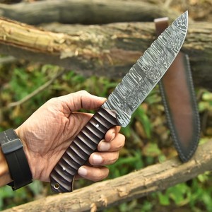 Couteau de Bushcraft en Acier Damas Forgé à la Main, Manche en Micarta, Couteau Bowie à Lame Pleine avec Étui en Cuir, Support OEM/ODM Personnalisé - Product Image 2