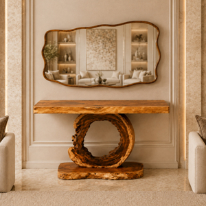 Mesa Consola de Madera Suar Sólida de Lujo Orgánica al por Mayor con Borde Natural y Base Anular Escultural para Uso en Vestíbulos de Hotel - Product Image 6