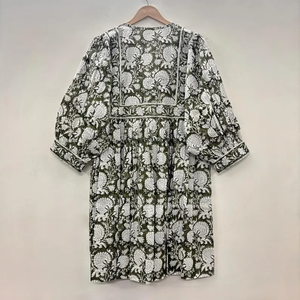 Vestido Casual Midi para Mujer, Tejido 100% Algodón, Liso, Manga Corta, Cintura Imperio, Estilo Babydoll, Cuello en V, Holgado, Funcional - Product Image 2