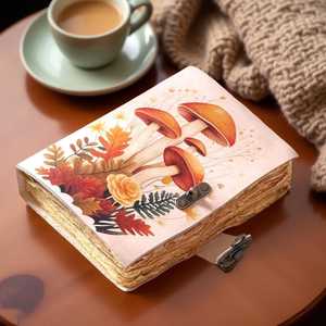 Diario de tapa dura con espiral, de cuero con estampado de hongos, floral, vintage, hecho a mano. - Product Image 2
