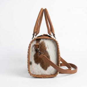 Brown Color Hand <b>Tooling</b> Florals Carved With Brown & White Hair On Hide Fur Genuine <b>Leather</b> Mini Speedy Duffle Bag Shoulder Bags - Product Image 3