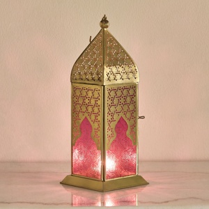 Opulent <b>Gold</b> Metal Moroccan <b>Lantern</b> with Pink Embossed Glass Decorative Candle Holder for Ramadan Home Decor - Product Image 1