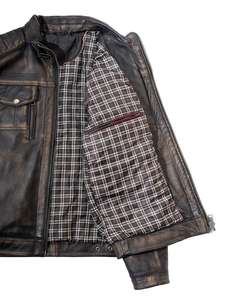 Blouson de moto réversible imperméable en peau de mouton cirée délavée noir et marron à col montant grande taille pour homme - Product Image 4