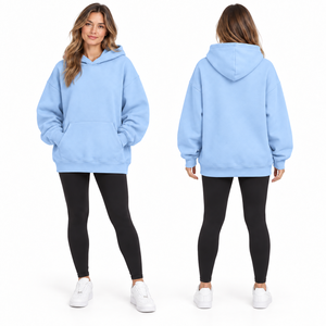 Women's Oversized Mint Green Hooded Sweatshirt Long Sleeve Solid Color Fleece Pocket Design Autumn Casual Wear - Product Image 5