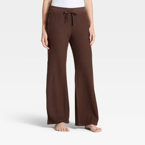 Pantalones de Salón Texturizados Tipo Waffle para Mujer, Pierna Ancha, Cintura Elástica con Cordón, Suaves, Transpirables, Casuales y Relajados - Product Image 1