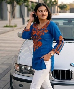 Kurta Azul de Algodón con Bordado Naranja, Blusa Informal Holgada Tradicional para Mujer, Estilo India Pakistán, BLUESTAR- BS...159- 85418 - Product Image 2