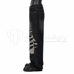 Jeans noirs déchirés pour homme, coupe large, style streetwear, patchwork, coupe ample - Product Image 5