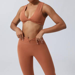 Ensemble de vêtements de sport pour femmes, soutien-gorge de sport rembourré respirant à nœuds et leggings de yoga à taille nouée, nylon, deux pièces, vêtements de sport - Product Image 2
