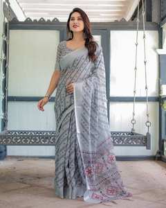 Elegante Saree Gris de Lino y Algodón con Bordado Tradicional, Estampado Étnico, para Fiestas y Eventos Casuales en India - Product Image 3