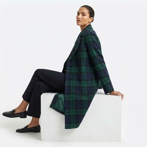 Green Plaid Wool <b>Trench</b> <b>Coat</b> Long Notched Lapel Single Button Casual Winter Women's Outerwear - Product Image 3