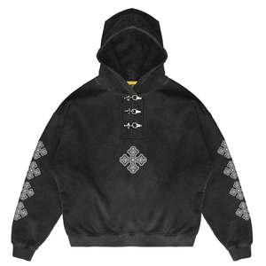 Custom Heavyweight <b>Black</b> <b>Fleece</b> Cross Hoodie Boxy Fit Oversized Streetwear Embroidered Mens Pullover - Product Image 1