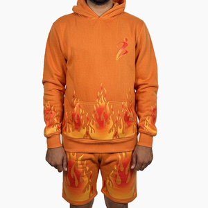 Ensemble décontracté personnalisé pour homme, 2 pièces : sweat à capuche coupe classique et short, imprimé flamme, en molleton de coton respirant - Product Image 1