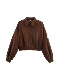 Brown <b>Suede</b> Bomber <b>Jacket</b> With Zipper Closure Turn-down Collar Casual Short Length Unisex Autumn Wear - Product Image 1