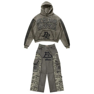 Ensemble sweat à capuche et pantalon pour homme, noir, coupe oversize, style streetwear, crop top et pantalon imprimés en coton FRENCH TERRY, vêtements d'automne - Product Image 6