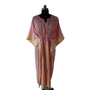 Pink Colour Recycled Silk Night Sleepwear Robe Vintage Silk Dress Saree Kaftan Plus Size Summer Tunic Bridal Bathrobe Gown