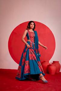 Traditional Indian Cotton Floor-Length <b>Lehenga</b> Choli & Kodi Lace Touch UDupatta Embossed Foil Work Sun Protection for Wedding - Product Image 2