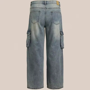 Nouveau Jean Cargo Homme Taille Haute 2026 en Denim Délavé Coupe Ample Jambe Large avec Grandes Poches Latérales Style Automne - Product Image 4