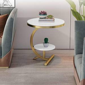 Mesa de Centro Redonda, Mesa Auxiliar de Noche, Mesa Telefónica con Almacenamiento, Dorado y Blanco, Moderna, para Sala de Estar o Dormitorio - Product Image 5