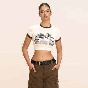 Camiseta Corta para Mujer, Cuello Redondo, Estampado de Motocicleta, Corte Ajustado, Informal, de Algodón Jersey, para Primavera/Verano, Estilo Urbano - Product Image 2