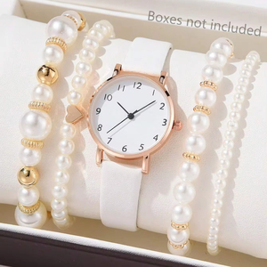 Reloj de Cuarzo Casual para Mujer 192026 con Correa de Cuero PU y Conjunto de Pulsera de Perlas - Product Image 1