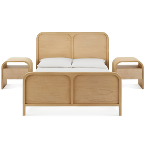 Modern Japandi Teak Wood <b>Platform</b> <b>Bed</b> with Side Tables Organic Curved Master Bedstead Set - Product Image 1