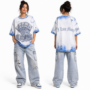 Camiseta Oversize para Hombre, Azul y Blanca, Tie Dye, Manga Corta, Cuello Redondo, Estampado de Dinero, Estilo Urbano, Tejido Jersey, Algodón, con Pedrería - Product Image 5