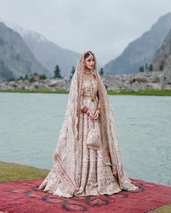 Robe de mariée beige brodée Lehenga Choli avec voile, style sequins, tenue pour occasions spéciales pour femmes - Product Image 1