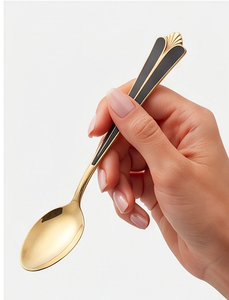 Gold Plated <b>Tea</b> Spoons <b>Set</b> Mirror Gold Finish With Black Enamel Tapered Art Deco Handle Luxury Design For Wedding And Restaurant - Product Image 2