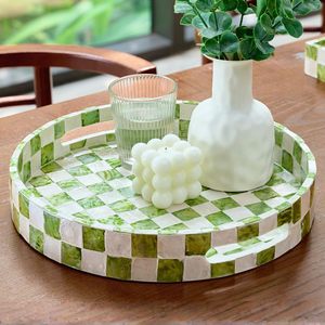 Decorative Tray with Handles, Checkered <b>Round</b> Serving Tray for Coffee <b>Table</b>, Kitchen Counter, or Bathroom (Pistachio Green) - Product Image 1